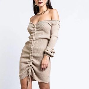 NIC & JO Sweater Dress Ribbed Off The Shoulder Ruched Front